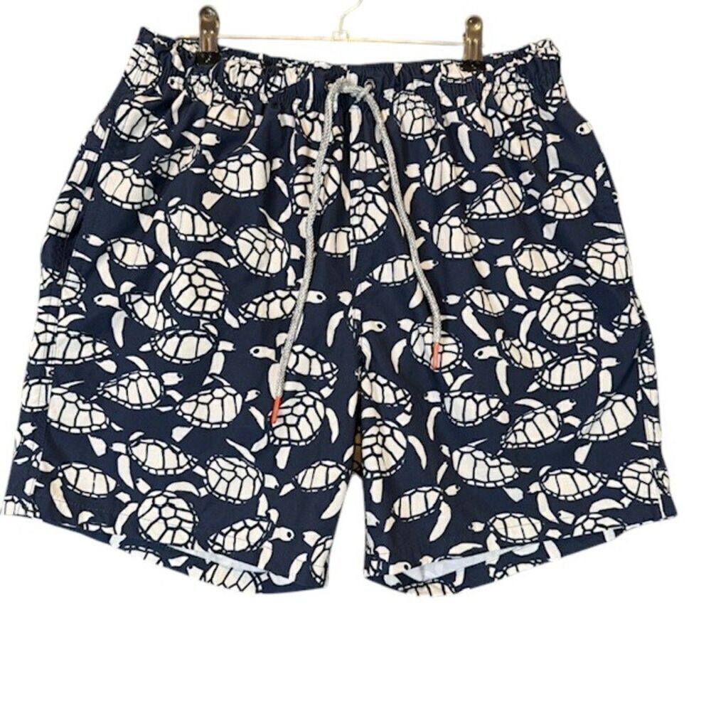 Rainforest Sea Turtle Swim Trunks Pockets Navy Blue White Medium